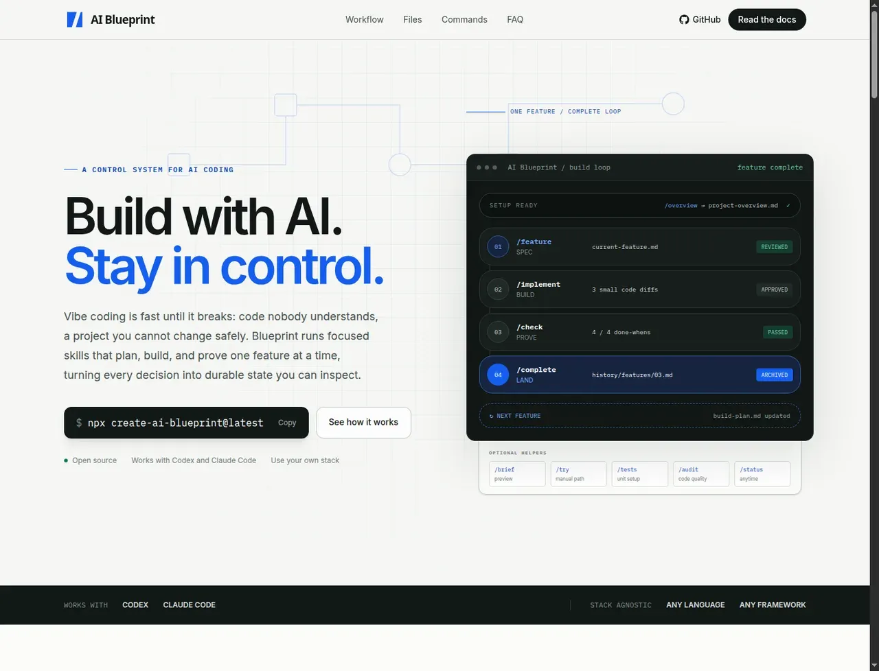 AI Blueprint website showing a structured software development workflow