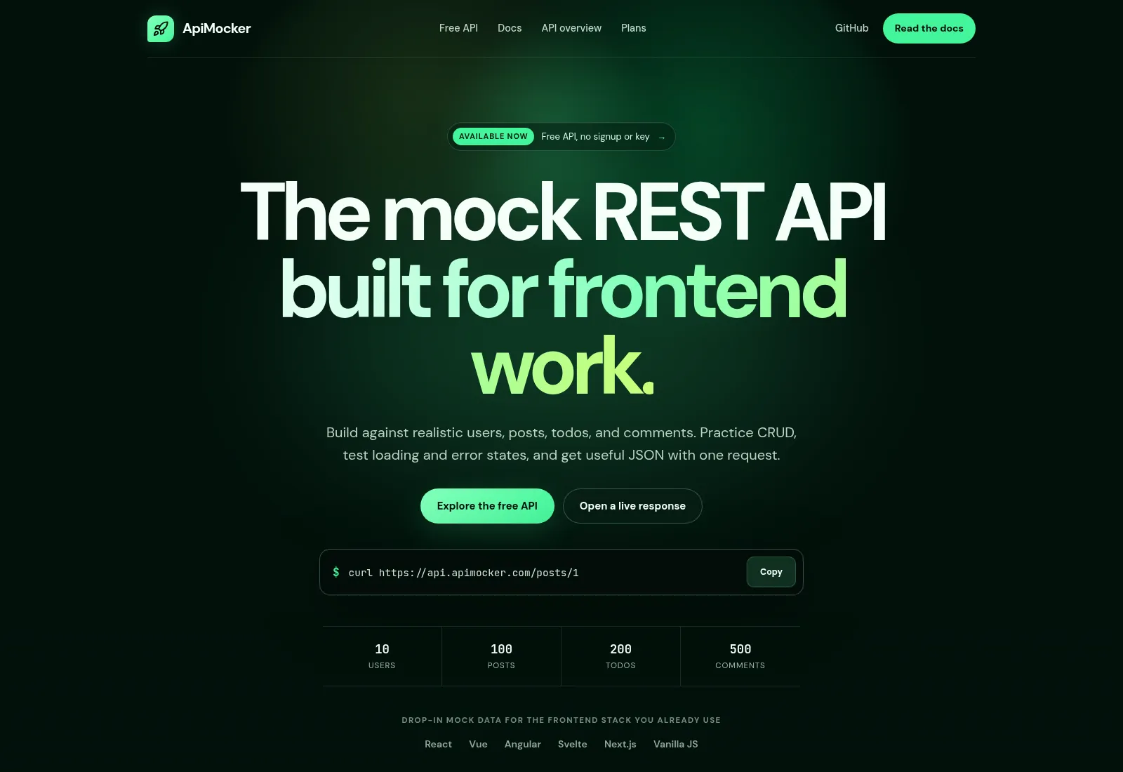 ApiMocker homepage with API documentation, endpoint examples, and dataset cards
