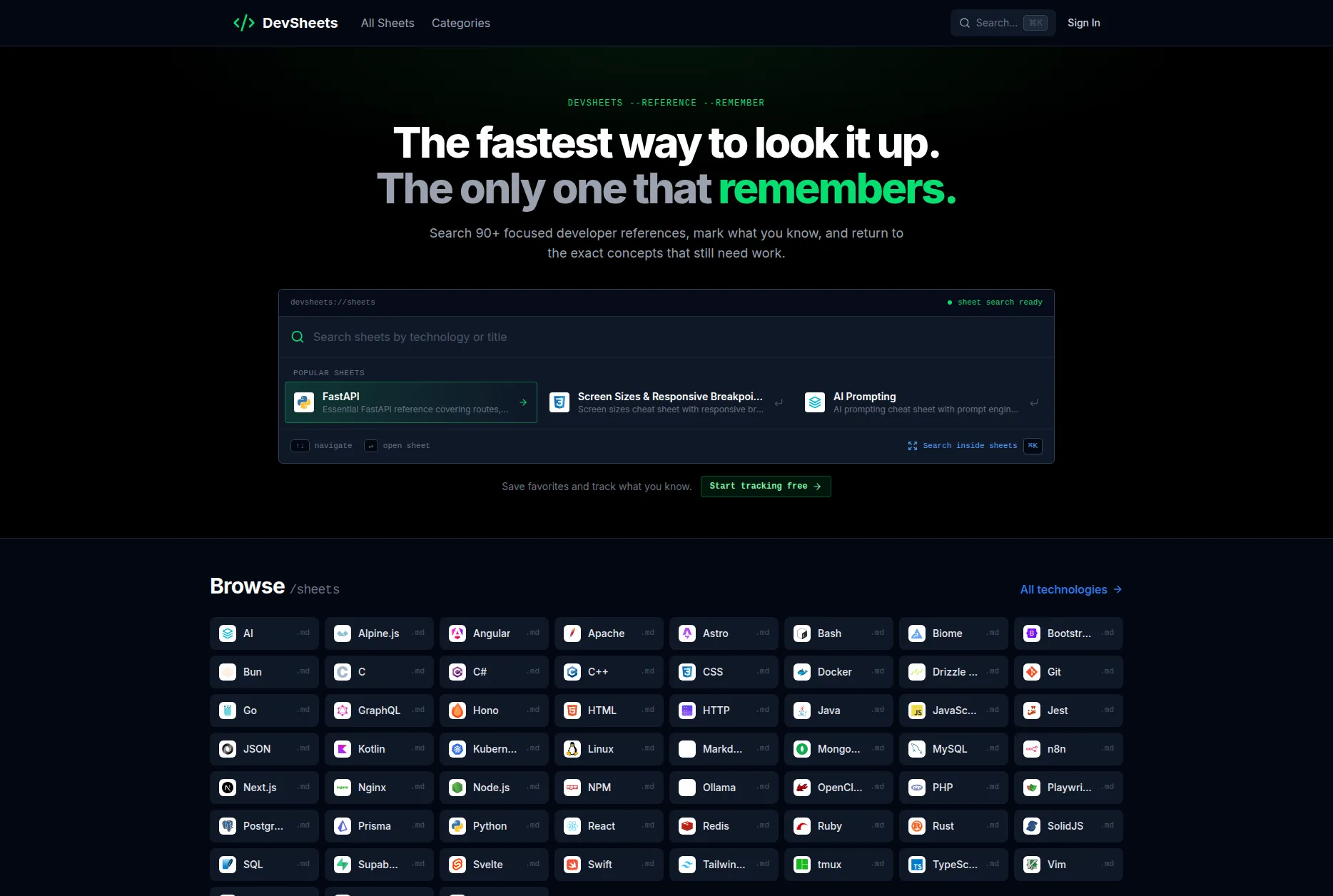 DevSheets homepage showing green branding, sheet search, account CTA, and the Browse grid