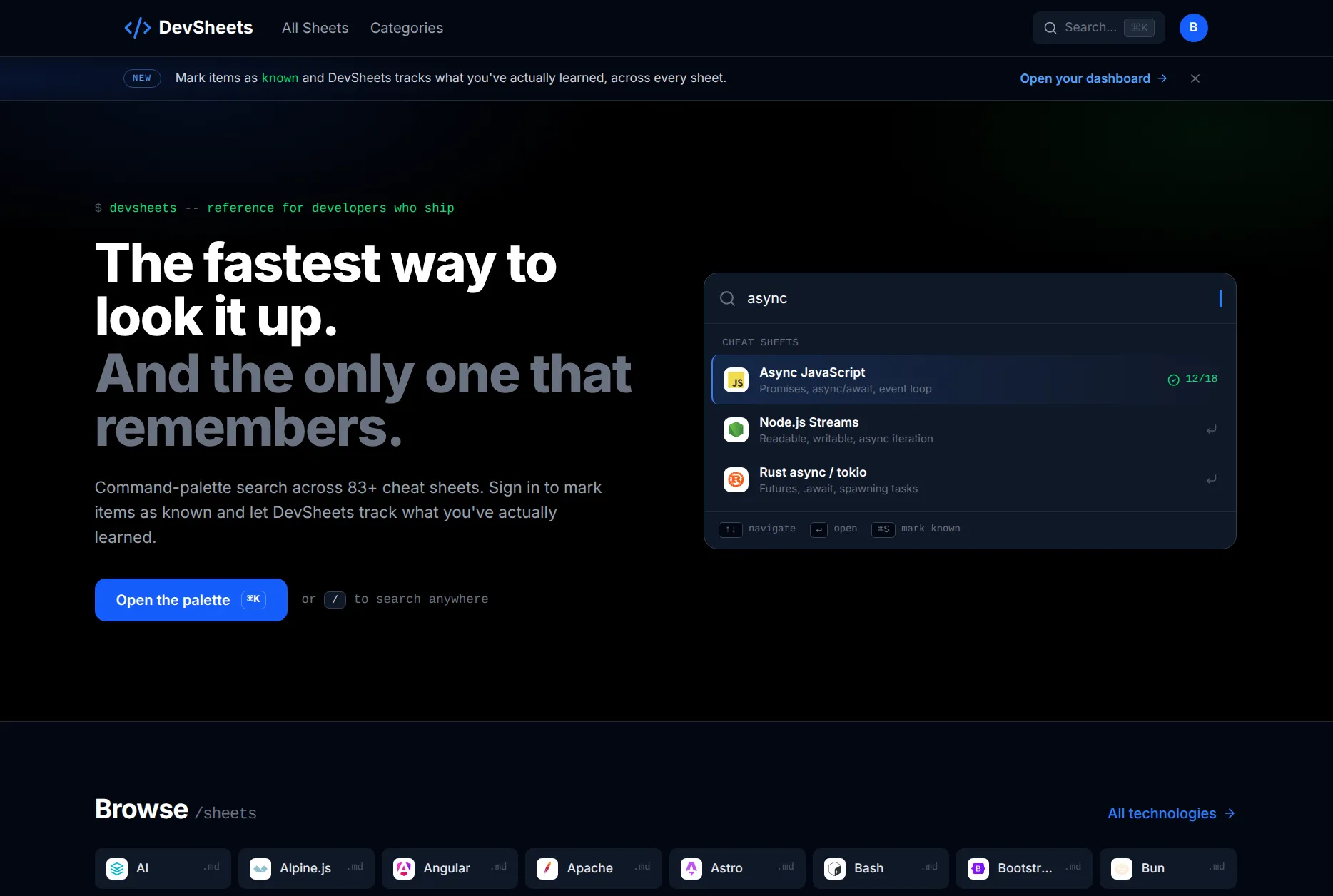 DevSheets homepage showing command-palette search and learned-item tracking