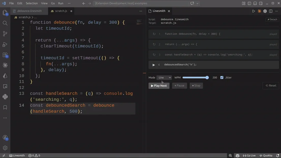 Linesmith control panel beside a completed debounce function in VS Code