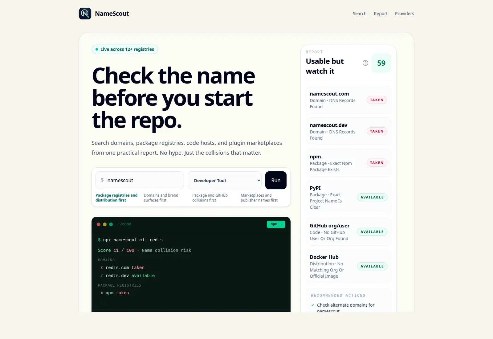 NameScout homepage with a project name search, registry results, and availability score