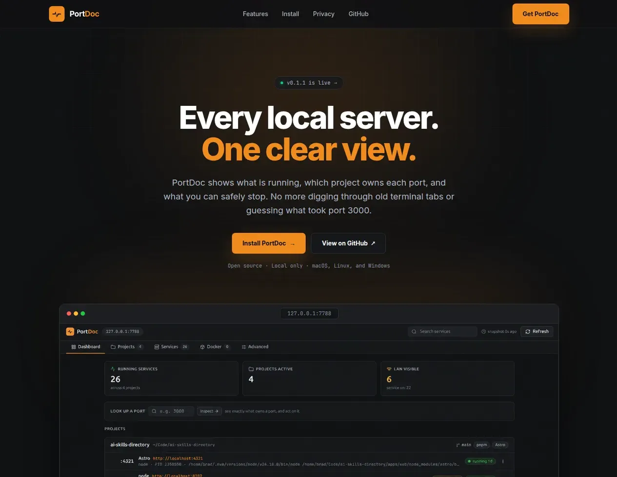 PortDoc website with the Every local server, one clear view headline and dashboard preview