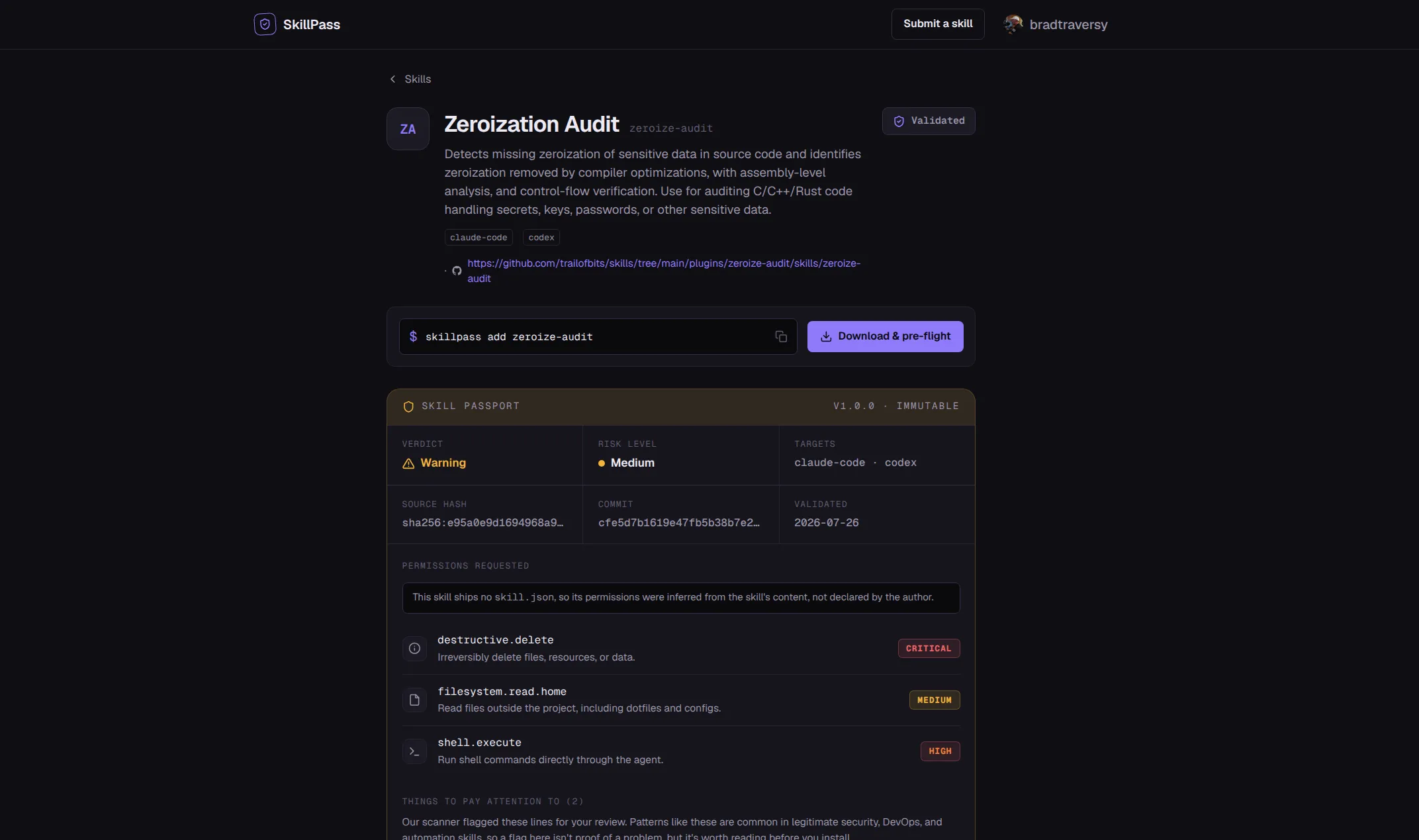 SkillPass Zeroization Audit page with an installation command and public passport showing its warning verdict, medium risk, targets, source details, and requested permissions