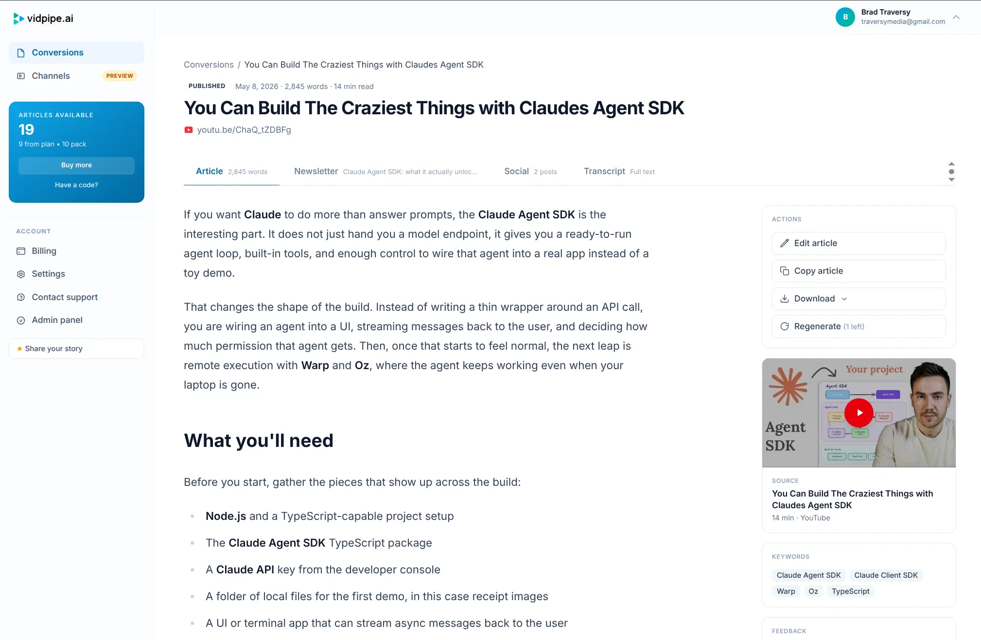 Generated article editor inside the Vidpipe product