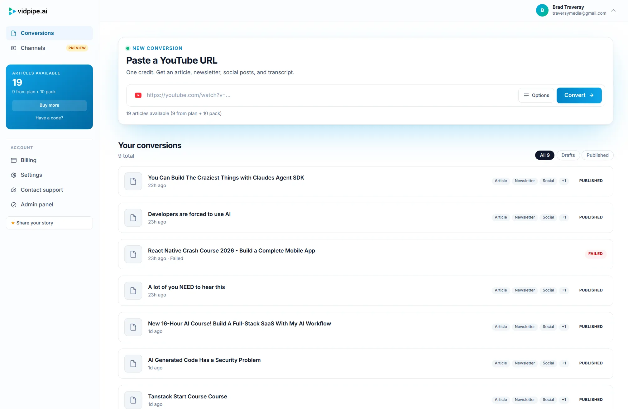 Vidpipe dashboard with content generation and channel management tools