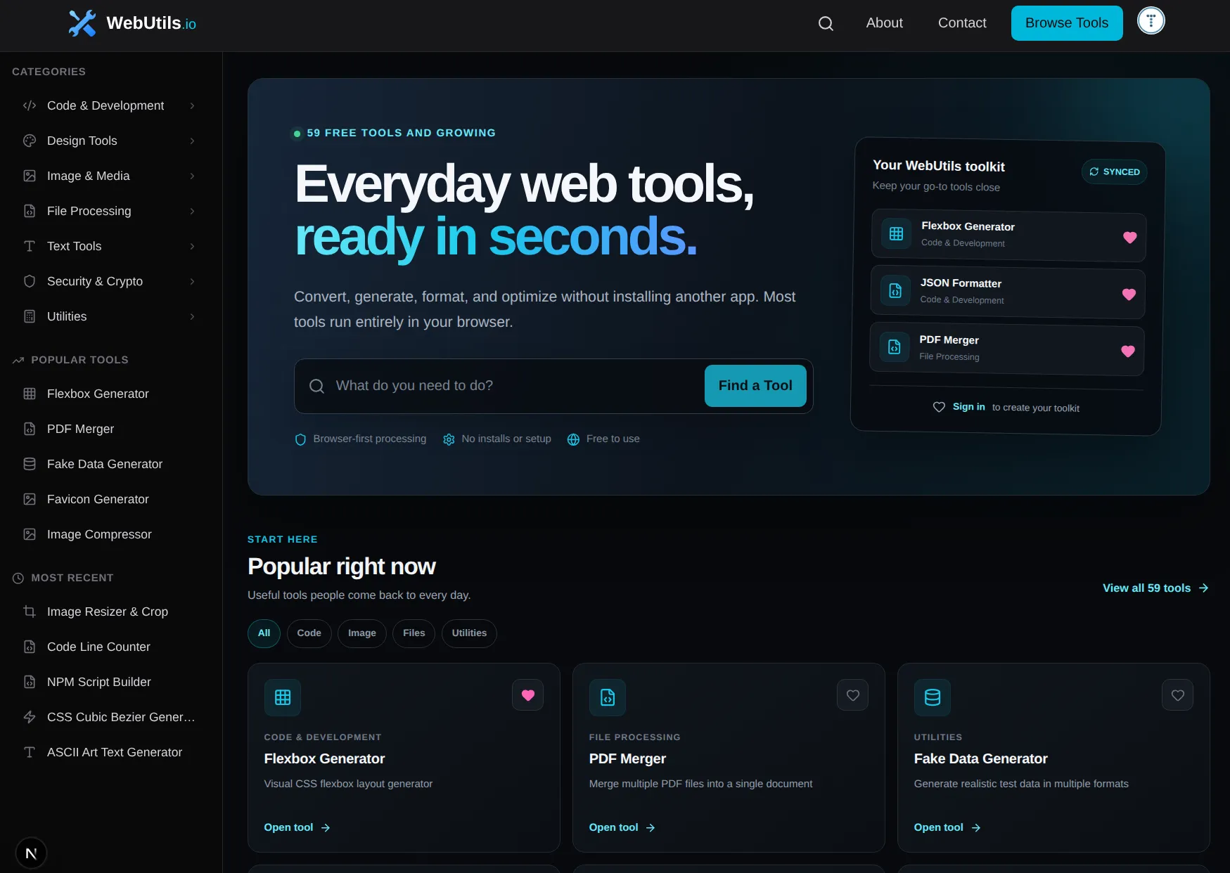 WebUtils homepage with 50+ free tools, category navigation, personal toolkit, and popular utilities